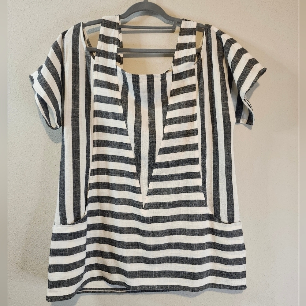 Soft Surroundings Linen Sunset‎ Stripes Pocketed Cold Shoulder Tunic Size M